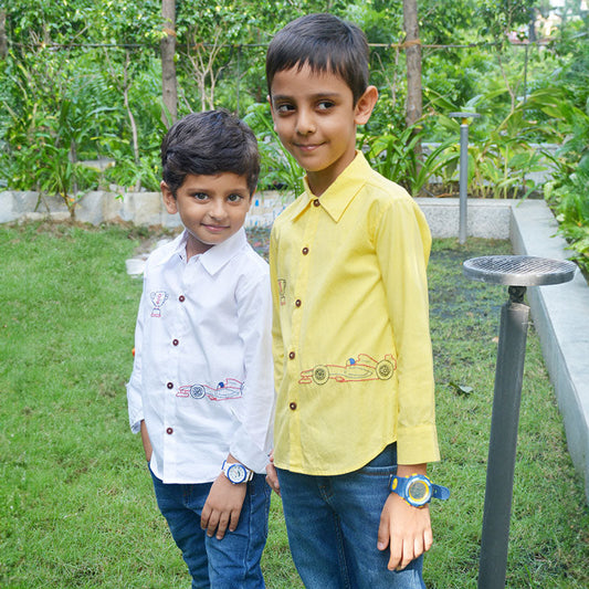 Race Car Embroidered Shirt - White (1-14 Years)