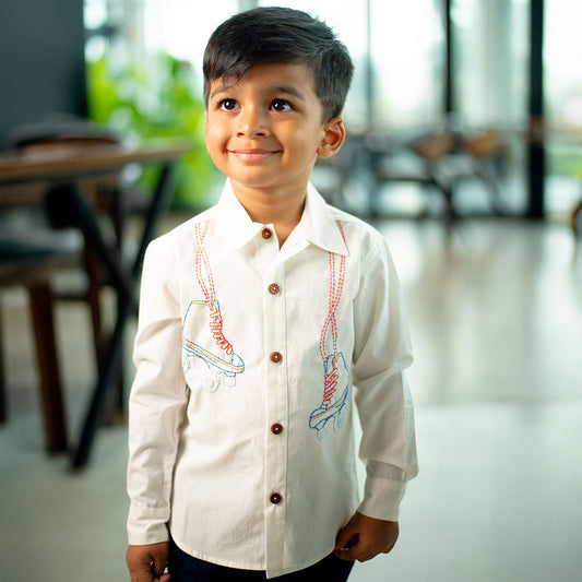 Roller Skates Embroidered Organic Cotton Shirt - White (1-14 Years)