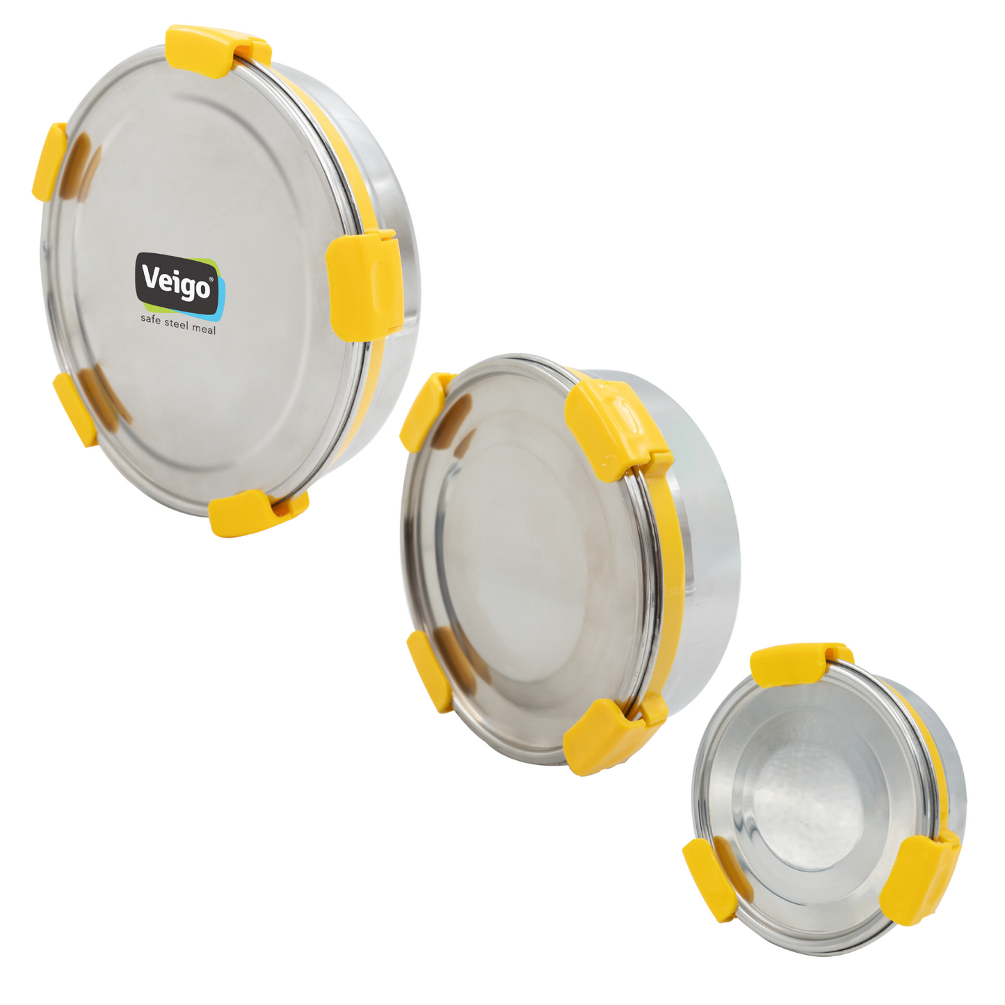 Veigo Maxosteel Round Storage Boxes with reversible clip mechanism- Set of 3 lunch boxes containers (All Ages)