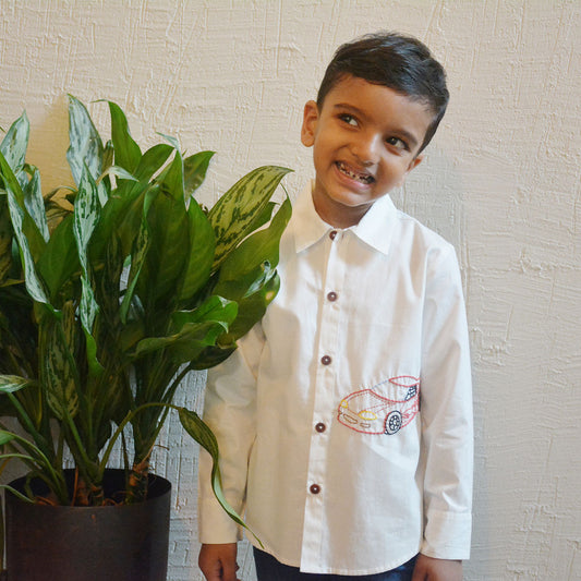 Super Car Embroidered Shirt - White (1-14 Years)