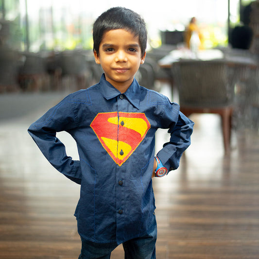 Superhero Chest Icon Embroidered Organic Cotton Shirt - Navy (1-14 Years)