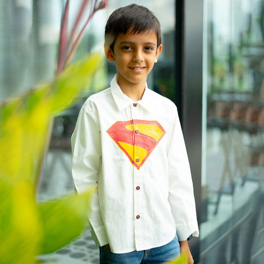 Superhero Chest Icon Embroidered Organic Cotton Shirt - White (1-14 Years)