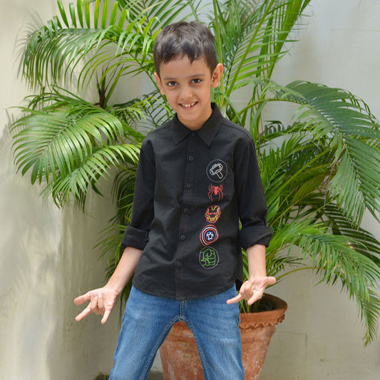 Superheroes Icons Embroidered Shirt - Black (1-14 Years)
