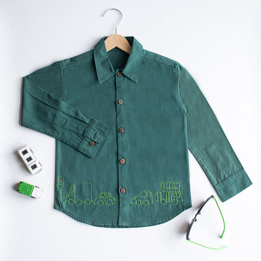 Traffic Embroidered Formal Shirt - Bottle Green (1-8 Years)