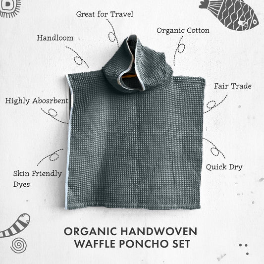 ORGANIC WAFFLE HOODED PONCHO TOWEL SET - GREY (All Ages)