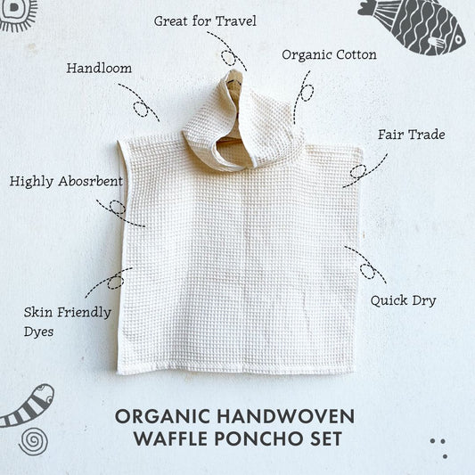 ORGANIC WAFFLE HOODED PONCHO TOWEL SET - NATURAL (All Ages)