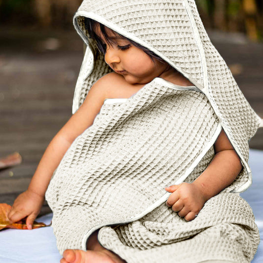ORGANIC WAFFLE HOODED TOWEL SET - NATURAL (All Ages)