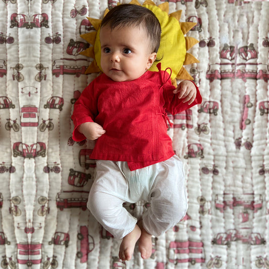 Organic Red Angrakha + White Pants (0-7 Years)