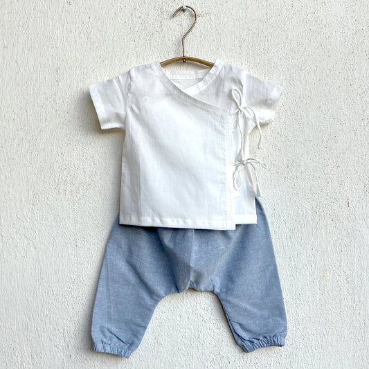 Organic Essential White Angrakha Top + Blue Chambray Pants (0-6 Months)
