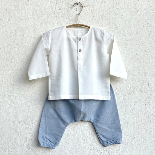 Organic Essential White Kurta + Blue Chambray Pants (6 Months - 7 Years)