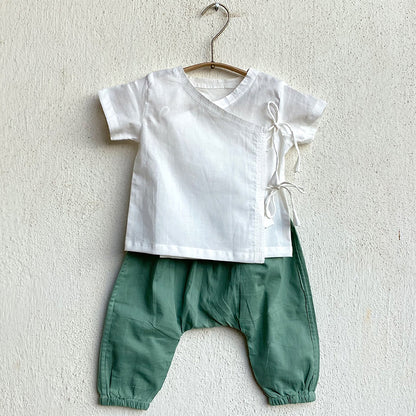 Organic Essential White Angrakha Top + Mint Pants (0-6 Months)