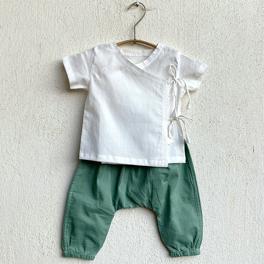 Organic Essential White Angrakha Top + Mint Pants (0-6 Months)