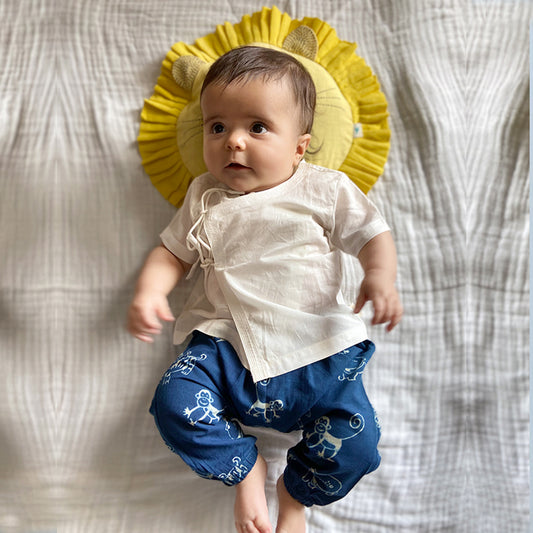 Organic White Angrakha Top+Zoo Print Indigo Pants (0-6 Months)