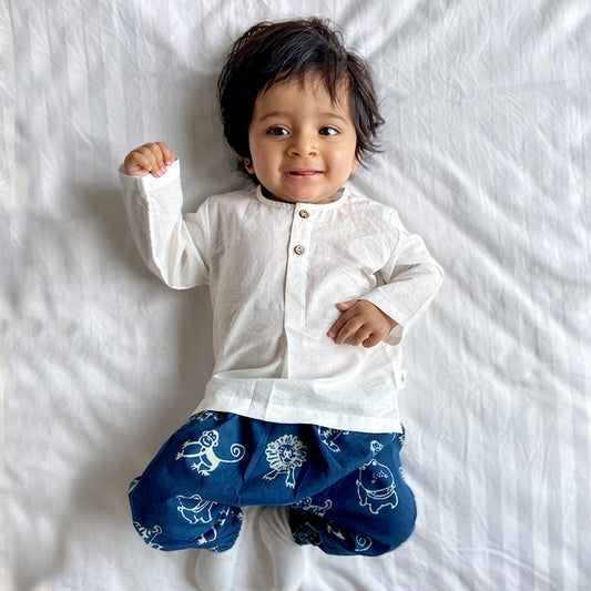 Organic White Kurta + Zoo Print Indigo Pants (6 Months - 7 Years)
