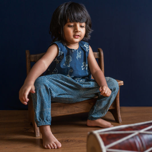 Organic Indigo Zoo Jhabla With Check Pants (0-7 Years)