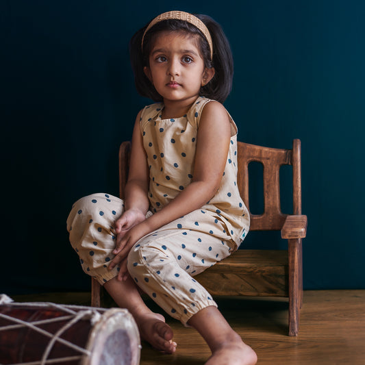 Organic Indigo Polka Jhabla With Matching Pants (0-7 Years)