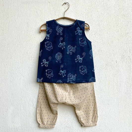 Organic Indigo Zoo Jhabla With Raidana Pants (0-7 Years)