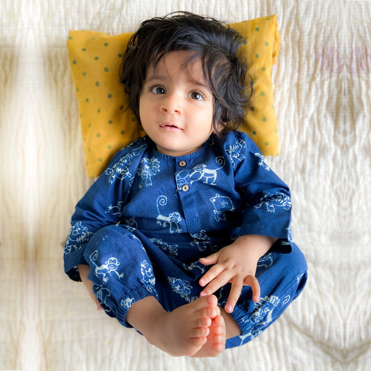 Organic Zoo Print Indigo Kurta + Pants (6 Months - 7 Years)