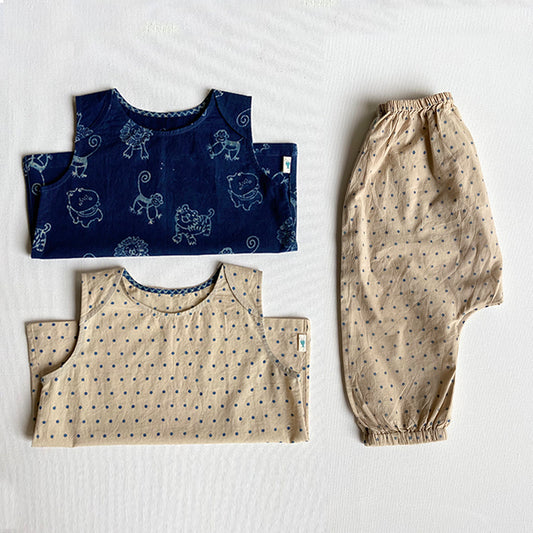 Organic Indigo Zoo Jhabla Bag - Zoo + Raidana Jhabla With Rai Dana Pants (0-7 Years)