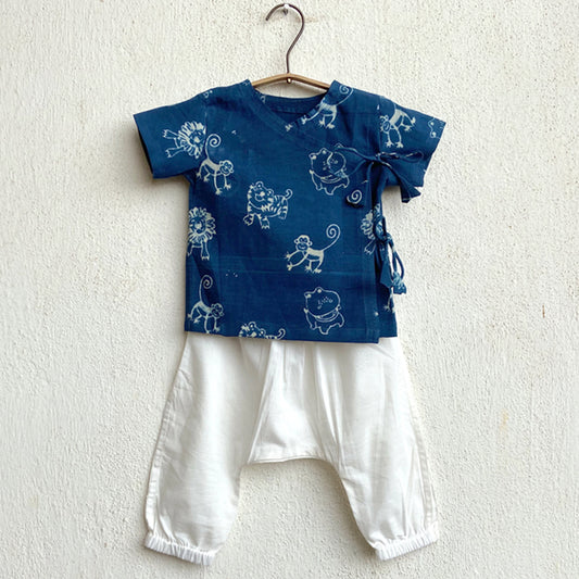 Organic Zoo Print Indigo Angarakha Top + White Pants (0-6 Months)