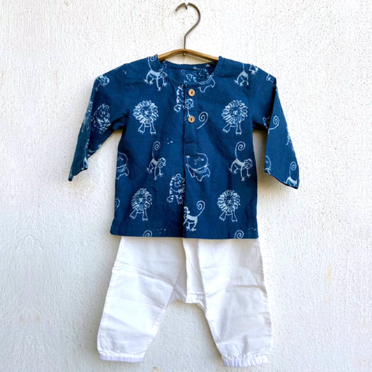 Organic Zoo Print Indigo Kurta + White Pants (6 Months - 7 Years)