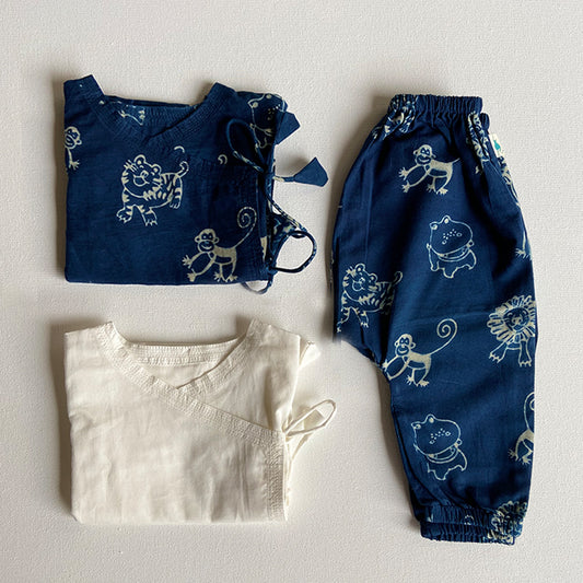 Organic Indigo Zoo Bag - Zoo And White Angrakha + Zoo Pants (0-6 Months)