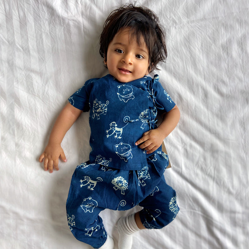 Organic Indigo Zoo Bag - Zoo And White Angrakha + Zoo Pants (0-6 Months)