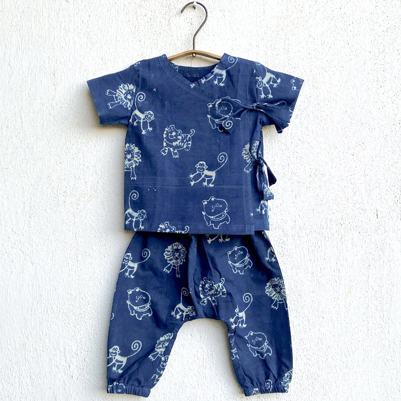 Organic Indigo Zoo Bag - Zoo And White Angrakha + Zoo Pants (0-6 Months)