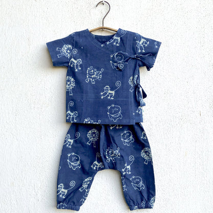 Organic Indigo Zoo Bag - Zoo And White Angrakha + Zoo Pants (0-6 Months)