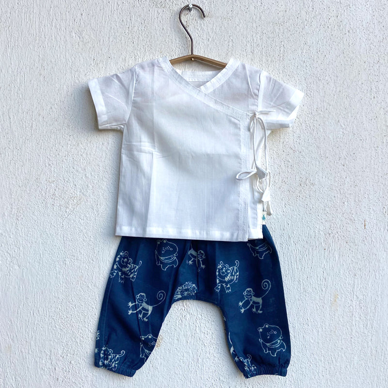Organic Indigo Zoo Bag - Zoo And White Angrakha + Zoo Pants (0-6 Months)