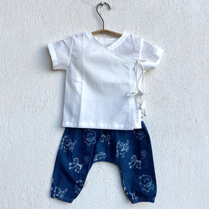 Organic Indigo Zoo Bag - Zoo And White Angrakha + Zoo Pants (0-6 Months)