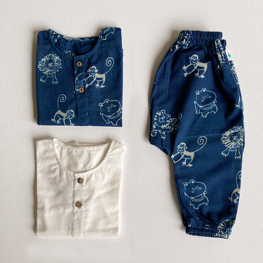 Organic Indigo Zoo Bag - Zoo And White Kurta + Zoo Pants (6 Months - 7 Years)