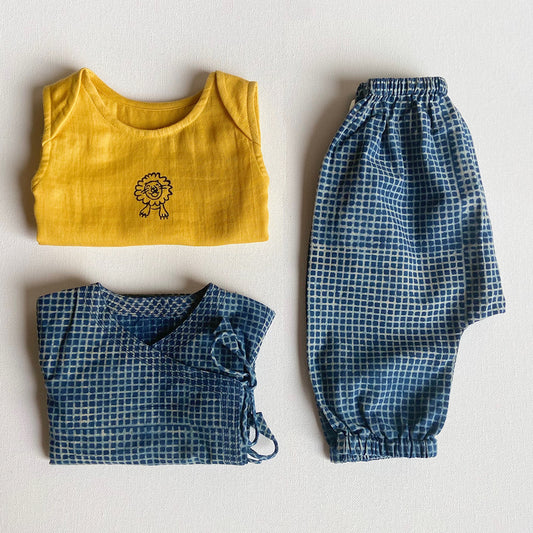 Organic Zoo Bag - Yellow Jhabla + Indigo Check Angarakha + Pants (0-6 Months)