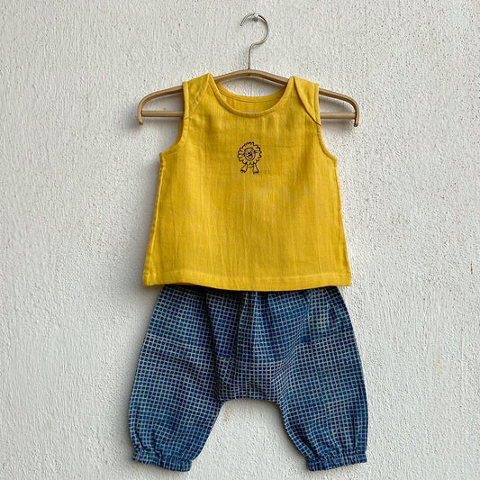 Organic Zoo Yellow Jhabla With Indigo Check Pants (0-2 Years)