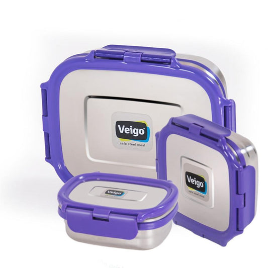 Veigo Celebration- Set of 3 Stainless Steel Leakproof Lunch Boxes(Ready-to-Gift Pack) (All Ages)