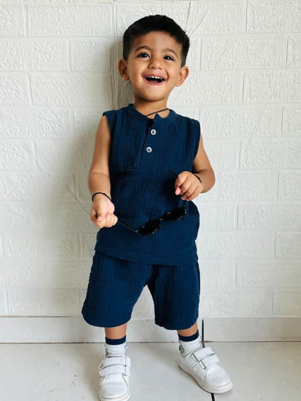 Navy Blue Organic Muslin Cotton Sleeveless Tshirt and Shorts (6 Months – 4 Years)