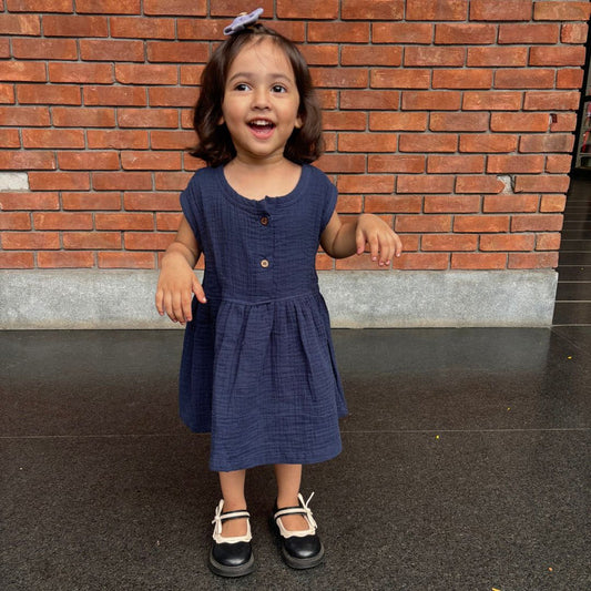 Navy Blue Organic Muslin Cotton Frocks (0-3 Years)