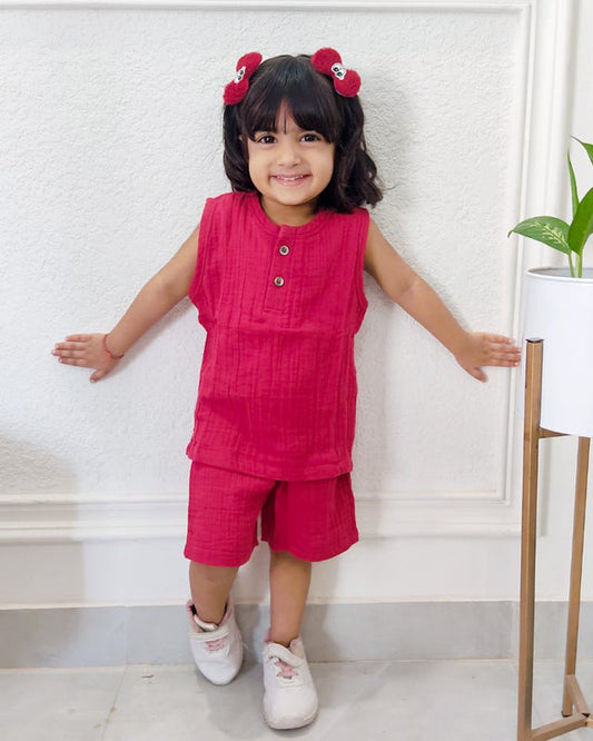 Maroon Organic Muslin Cotton Sleeveless Tshirt and Shorts (6 Months – 4 Years)