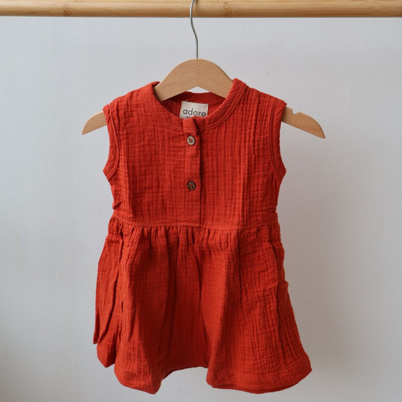 Rust Organic Muslin Cotton Frocks (0-3 Years)