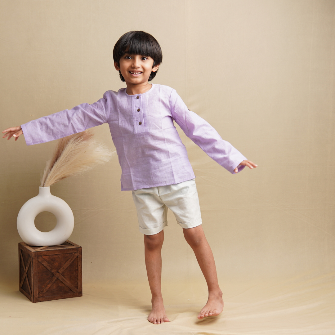 Earthy Wanderer' - Boys' Set with Full Sleeve Button-down Shirt and Shorts (1-6 Years)