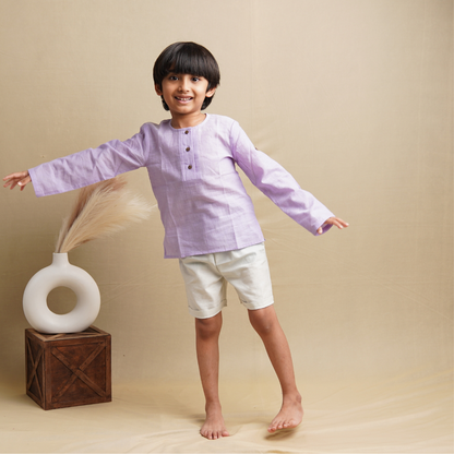 Earthy Wanderer' - Boys' Set with Full Sleeve Button-down Shirt and Shorts (1-6 Years)