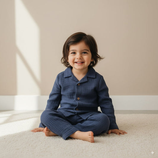 Navy Blue Organic Muslin Cotton Full Sleeve Set (6 Months – 4 Years)