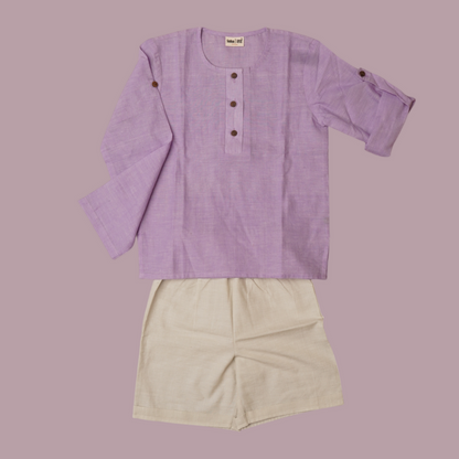 Earthy Wanderer' - Boys' Set with Full Sleeve Button-down Shirt and Shorts (1-6 Years)