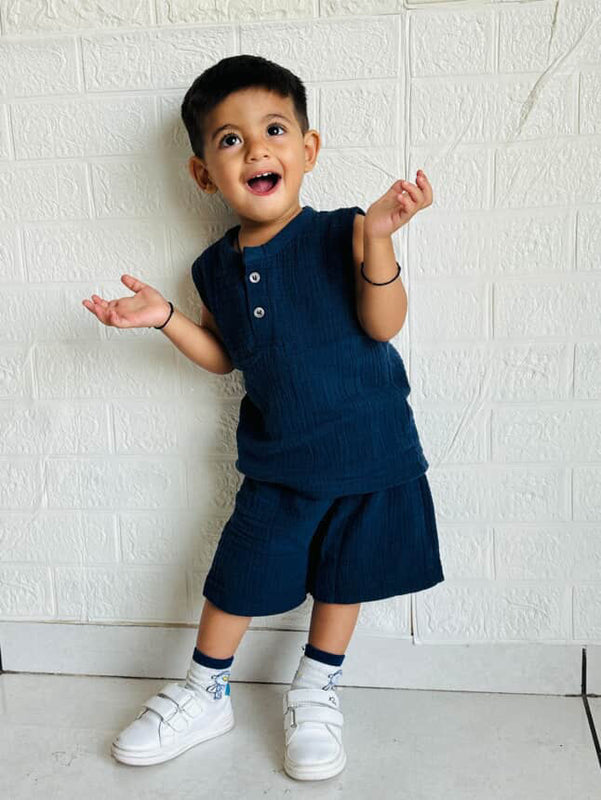 Navy Blue Organic Muslin Cotton Sleeveless Tshirt and Shorts (6 Months – 4 Years)