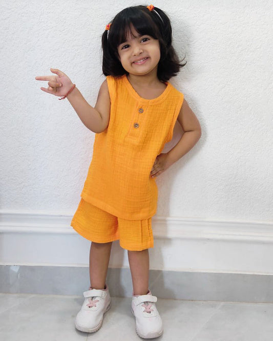 Mustard Organic Muslin Cotton Sleeveless Tshirt and Shorts (6 Months – 4 Years)