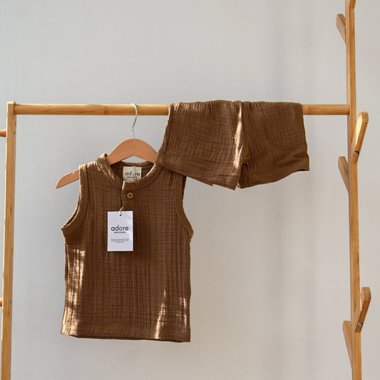 Cocoa Delight Organic Muslin Cotton Sleeveless Tshirt and Shorts (6 Months – 4 Years)