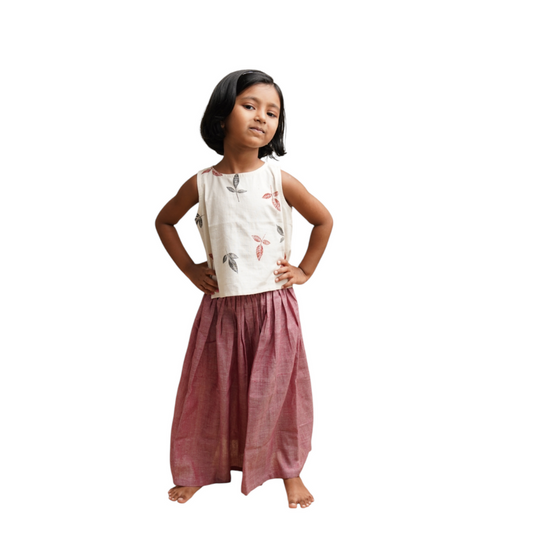 Twirl and Top' - Girls' Leaf Print Crop Top with Long Skirt (3-6 Years)