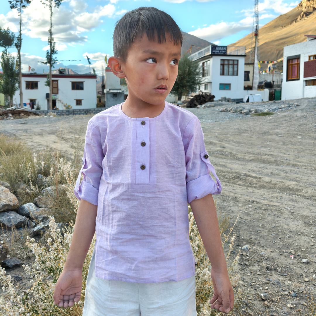 Earthy Wanderer' - Boys' Set with Full Sleeve Button-down Shirt and Shorts (1-6 Years)