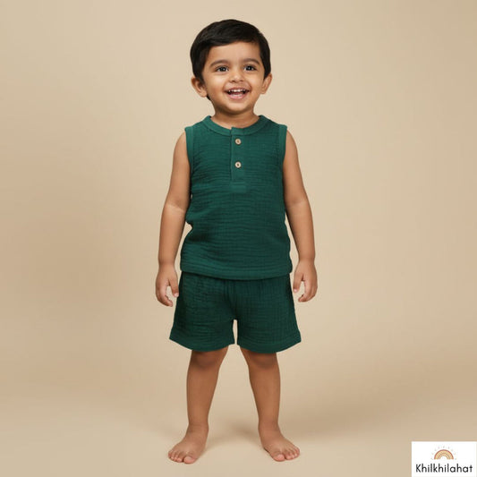 Olive Green Organic Muslin Cotton Sleeveless Tshirt and Shorts (6 Months – 4 Years)