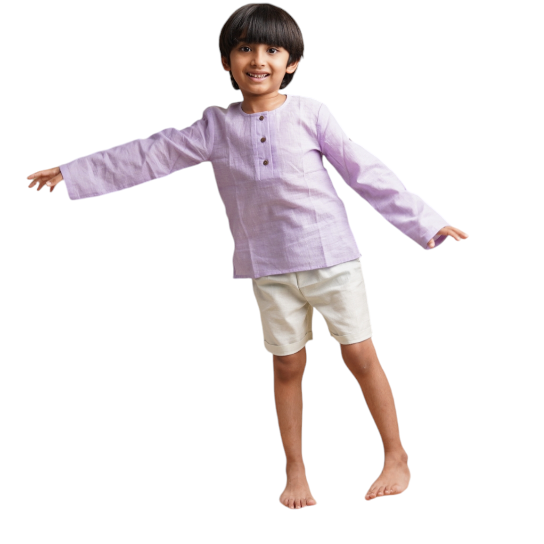 Earthy Wanderer' - Boys' Set with Full Sleeve Button-down Shirt and Shorts (1-6 Years)